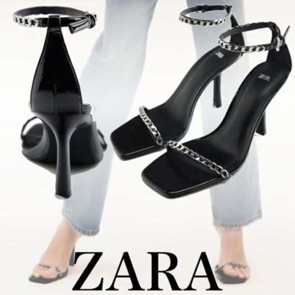 NEW ZARA CHAIN TRIM HEELED SANDALS SHOES‎ THIN STRAP WOMENS SIZE 41 US 10 - Picture 1 of 6